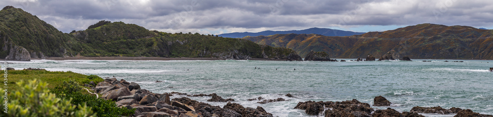 Surfers enjoying the day at Breaker Bay in Wellington, New Zealand