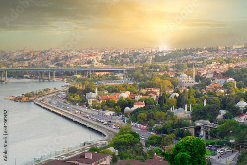 Istanbul city view from Pierre Loti Teleferik station overlooking Golden Horn  Eyup District  Istanbul  Turkey  before sunset