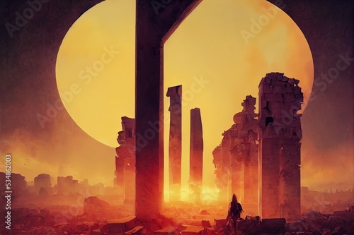 A thin, long haired spearman warrior stands on a column in the chaos of the ruins of an ancient hellish city. Huge magic cubes float in the air to merge into one point under the huge yellow sun 2d art