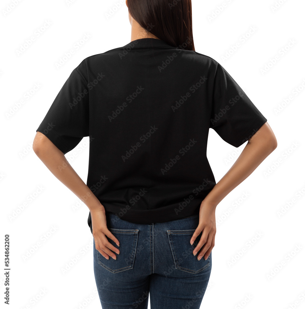 Young woman in black oversize T shirt mockup cutout, Png file. Young woman in black oversize T shirt mockup cutout, Png file.