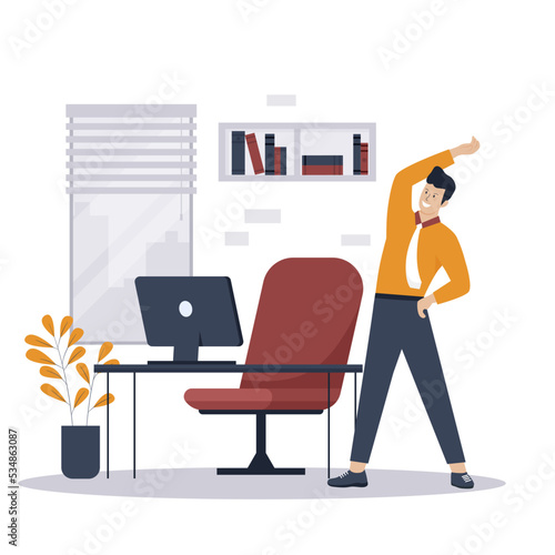 Flat design of man doing exercise stretch office workout. Illustration for websites, landing pages, mobile applications, posters and banners. Trendy flat vector illustration