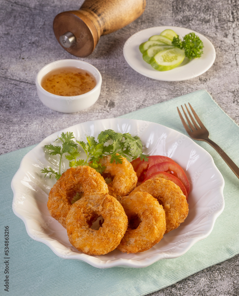 Deep fried shrimp cake on white plate, Thai food