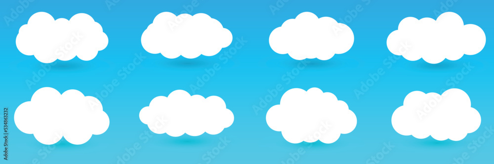 Clouds Set Isolated On A Blue Background. Simple Cute Cartoon Design. Icon Or Logo Collection. Realistic Elements. Flat Style Vector Illustration.