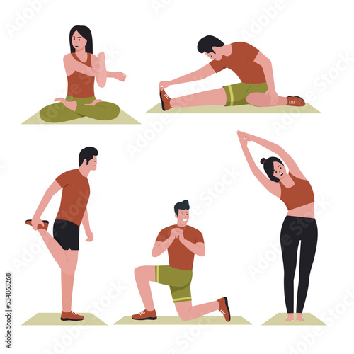 Illustration design of Young people in stretching poses. Illustration for websites, landing pages, mobile applications, posters and banners. Trendy flat vector illustration
