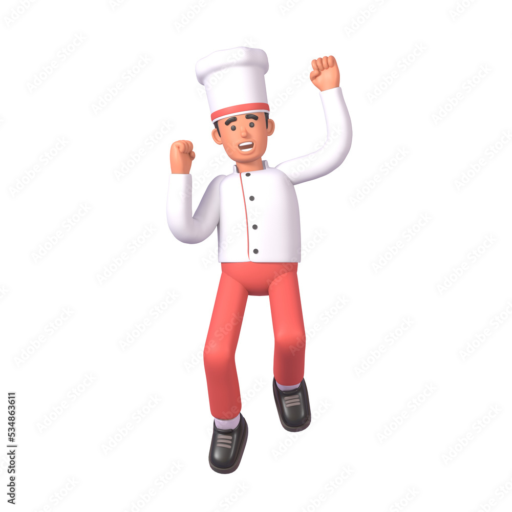 3d render of cheerful cook in white uniform celebrating, jumping in joy 3d render of cheerful cook in white uniform celebrating, jumping in joy