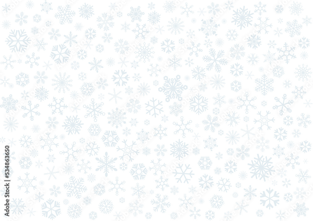 Christmas background with snowfalls. Various snowflakes on white background.
