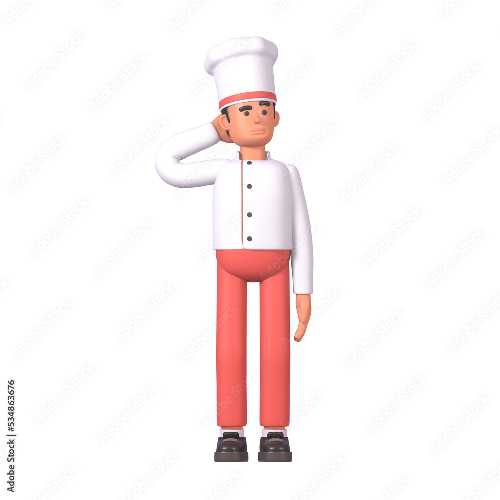 3d render of cheerful cook in white uniform thinking, making decision 3d render of cheerful cook in white uniform thinking, making decision