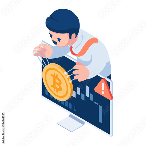 Isometric Businessman Manipulate Bitcoin Price