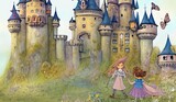 Fairy tale castle background with princess castle with towers and gates in a beautiful landscape forest for an enchanted fairytale, storybook cover illustration