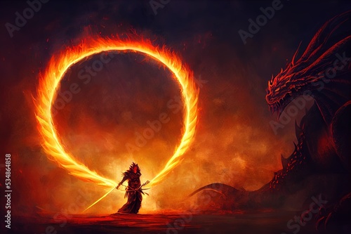 Warrior standing confront dragon in the flames,Monster tale ,Creatures of myth and legend ,digital art, Illustration painting. photo