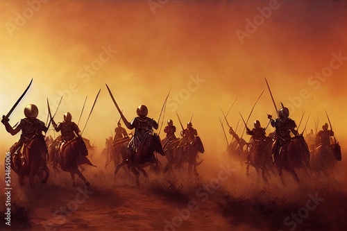 Fototapeta A squad of heavy cavalry in plate armor are rushing into battle with spears lances