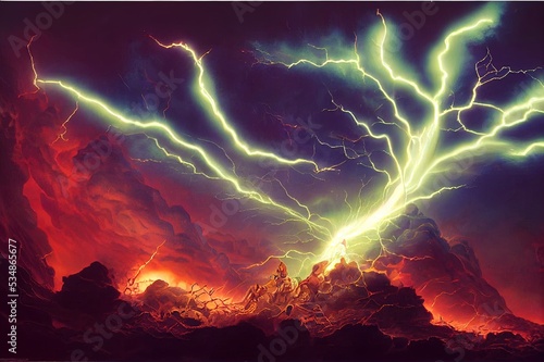 Fototapeta The god of thunder Thor makes a crushing blow with a hammer, smashing the army of demons into pieces, from his blow a trail of lightning and sparks was created, creating a huge vortex of vokurg