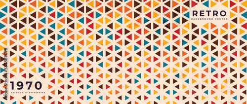 Abstract colorful 70s background vector. Vintage retro style wallpaper with geometric shape, triangle, grunge texture. 1970 color illustration design suitable for poster, banner, decorative, wall art.