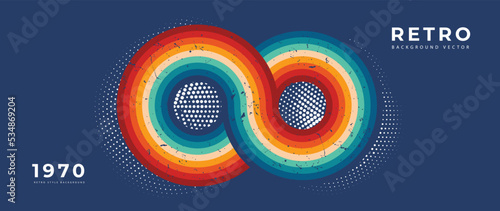 Abstract colorful 70s background vector. Vintage retro style wallpaper with lines, rainbow stripes, circles, infinity. 1970 color illustration design suitable for poster, banner, decorative, wall art.