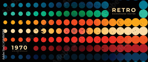 Abstract colorful 70s background vector. Vintage retro style wallpaper with circles pattern, dot, rainbow, grunge. 1970 color illustration design suitable for poster, banner, decorative, wall art.
