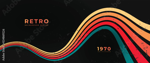 Abstract colorful 70s background vector. Vintage retro style wallpaper with rainbow stripes, wavy lines, grunge. 1970 color illustration design suitable for poster, banner, decorative, wall art.