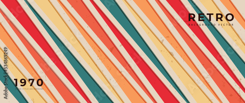 Abstract colorful 70s background vector. Vintage retro style wallpaper with rainbow stripes, lines, grunge. 1970 color illustration design suitable for poster, banner, decorative, wall art.
