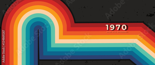 Abstract colorful 70s background vector. Vintage retro style wallpaper with rainbow stripes, curved lines, grunge. 1970 color illustration design suitable for poster, banner, decorative, wall art.