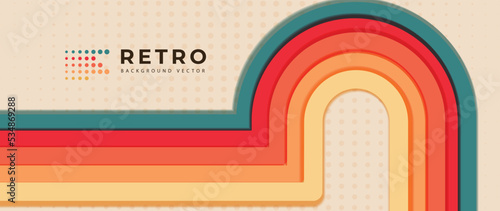 Abstract colorful 70s background vector. Vintage retro style wallpaper with rainbow stripes, curved lines, dot. 1970 color illustration design suitable for poster, banner, decorative, wall art.