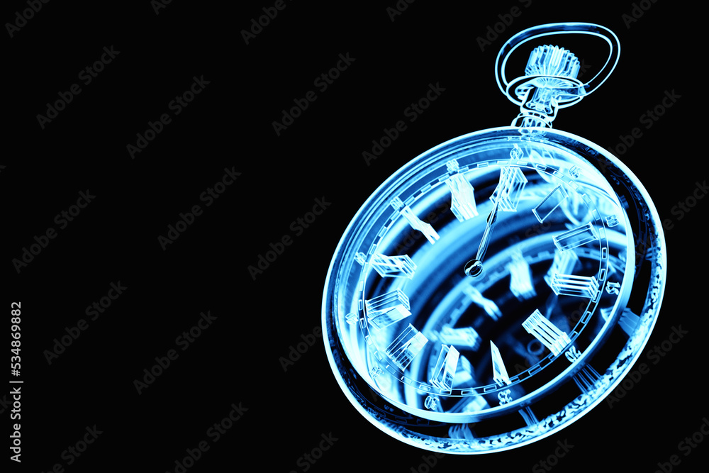 Close-up of a transparent blue neon retro clock on a black background, 3D illustration