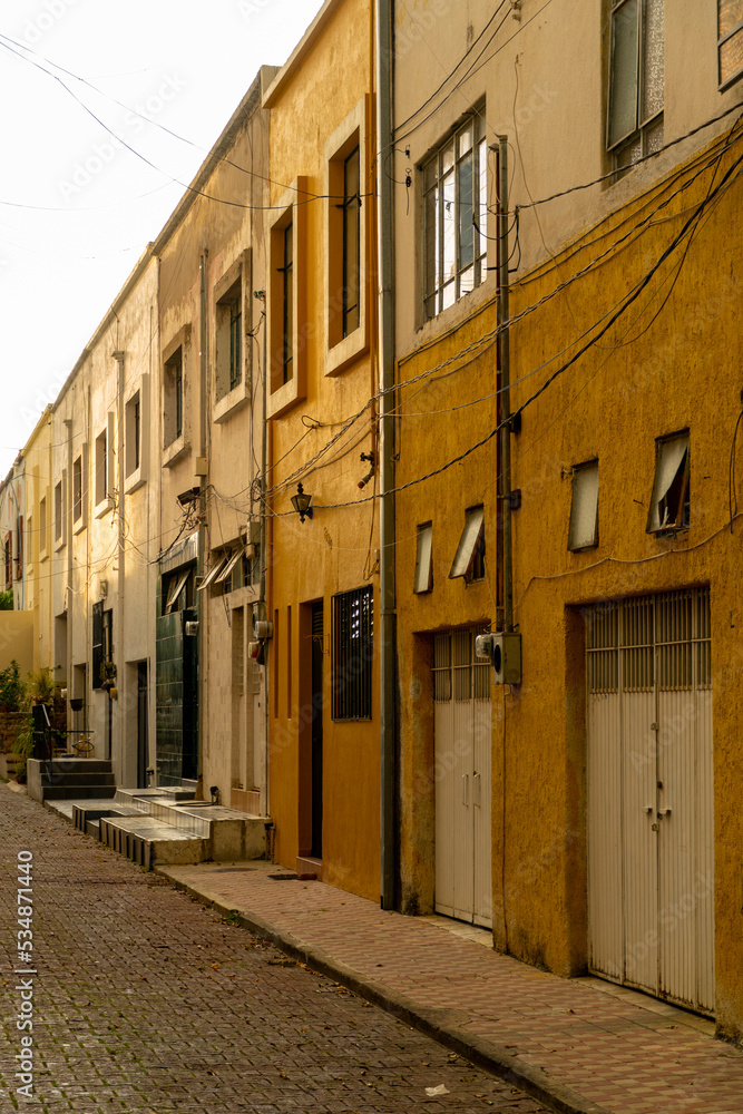 Fototapeta premium driveway, sidewalk and cobblestone in a small neighborhood, adjoining yellow and mustard-colored houses, at sunset