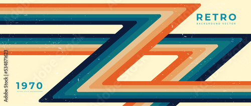 Abstract colorful 70s background vector. Vintage retro style wallpaper with lines, wavy stripes, grunge texture. 1970 color illustration design suitable for poster, banner, decorative, wall art.
