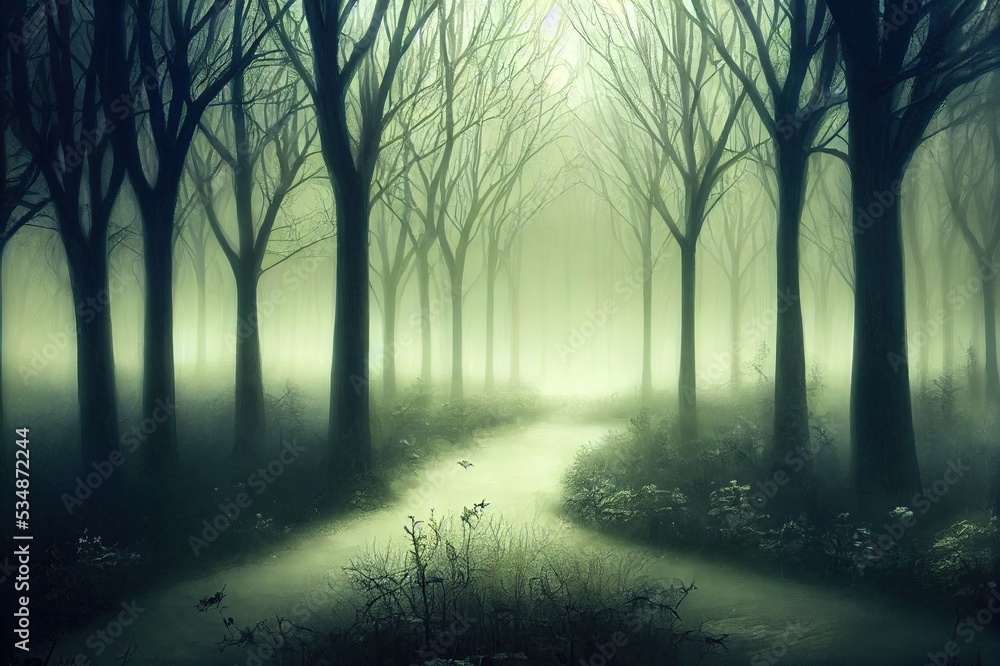 Fototapeta premium Archway in an enchanted fairy forest landscape, misty dark mood, can be used as background