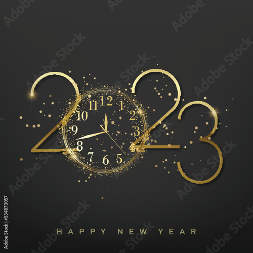 2023 Happy New Year and Merry Christmas card with golden watch. Vector