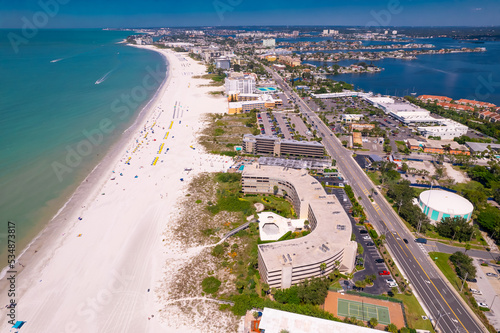 Florida. St Pete Beach Florida. Ocean beach, Hotels and Resorts. Turquoise color of salt water. American Coast or shore. Gulf of Mexico. St Petersburg or Clearwater Florida. Summer vacation. Hurricane
