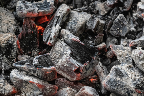 Black embers coals and white ash after a fire. White charred pieces of wood