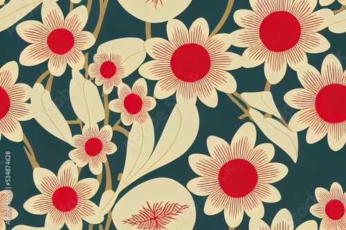 Seamless pattern with stylized ornamental flowers in retro, vintage style. Jacobin embroidery. Colored illustration isolated on white background. photo