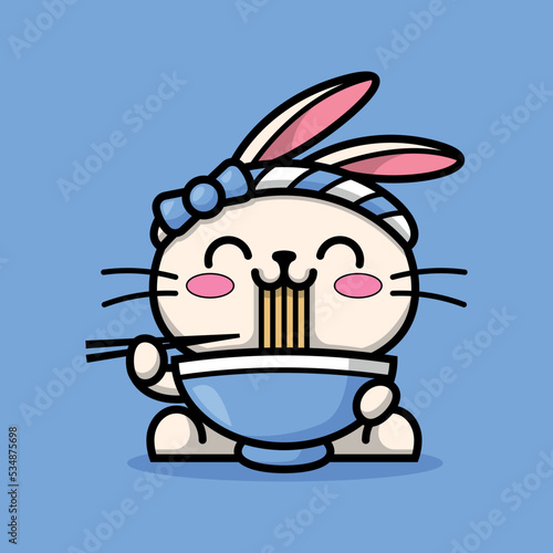 A CUTE WHITE RABBIT IS EATING A BOWL OF RAMEN NOODLES