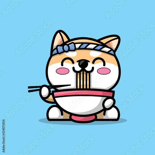 CUTE SHIBA INU IS EATING RAMEN CARTOON ILLUSTRATION