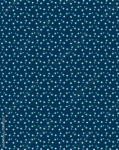 Abstract geometric seamless pattern with white and green polka dots on a dark blue background