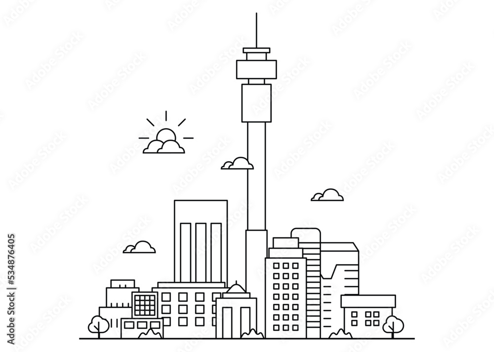 Naklejka premium Modern Johannesburg line art Vector illustration with all famous buildings. Skyline.