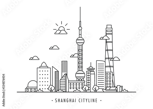 Shanghai city line. Outline of city roads with office buildings. Cityscape vector modern Illustration of lines of city and city roads