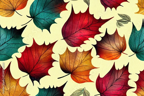 Fallen autumn leaves abstract seamless pattern. Watercolor hand drawn illustration.