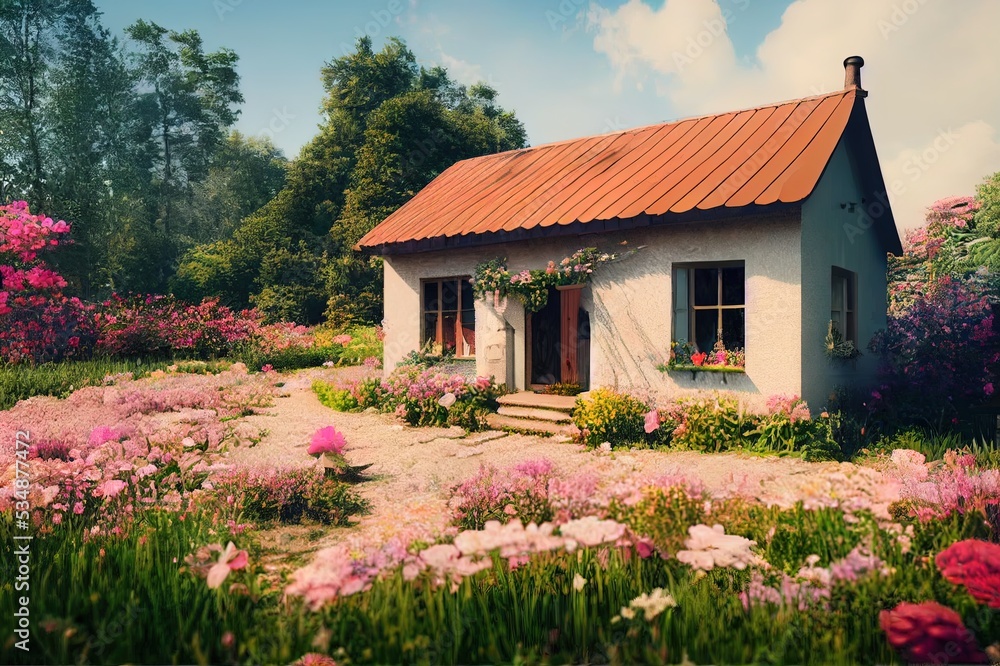 3d render of a little enchanting cottage in the country surrounded by beautiful flowers, gardens, meadows and forests