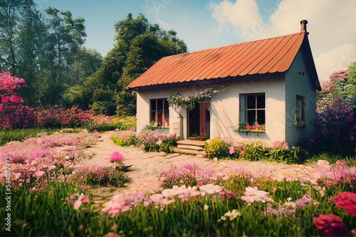3d render of a little enchanting cottage in the country surrounded by beautiful flowers, gardens, meadows and forests