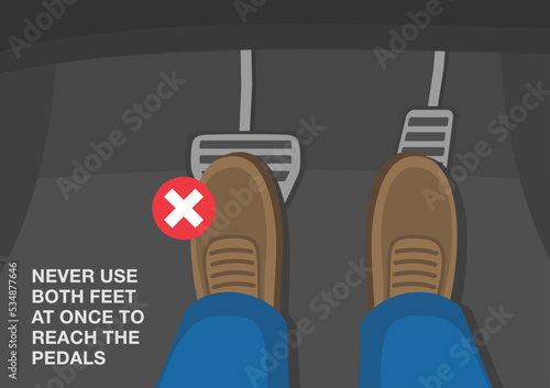 Safe driving rules and tips. Never use both feet at once to reach the pedals. Male character places feet on brake and accelerator pedals at the same time. Flat vector illustration template.
