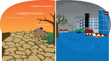 Vector Illustration of global warming with drought and flood