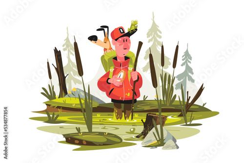 Male tourist with dog getting lost on swamp