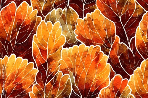 Seamless pattern with autumn trees, pumpkins, autumn leaves, autumn forest elements, harvest, autumn vibes, watercolor texture.