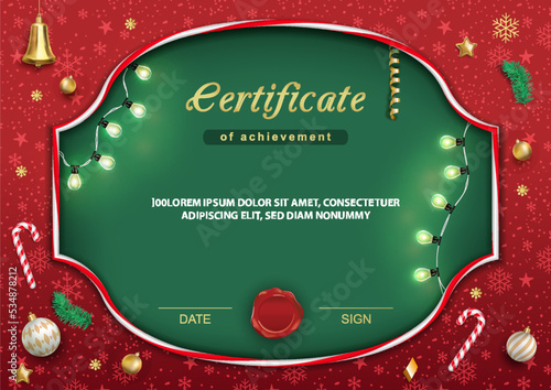 Christmas green red certificate. Xmas background with lights, candy cane, bell, christmas balls. Vector illustration