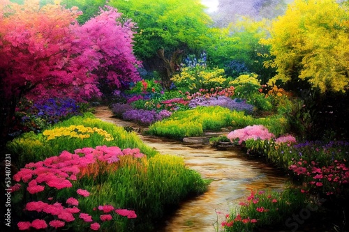Beautiful colorful garden with flowers, trees and little rivers
