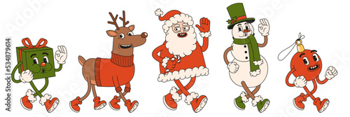 Merry Christmas and Happy New year. Santa Claus, snowman, reindeer, gift, ball in trendy retro cartoon style. Sticker pack of comic characters.
