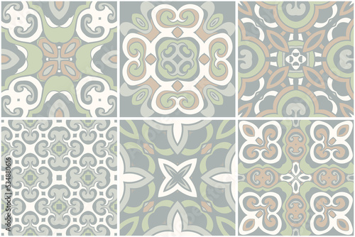 Floor or wall ceramic tile design in azulejos style, seamless pattern. Vector illustration. Patchwork background, texture.