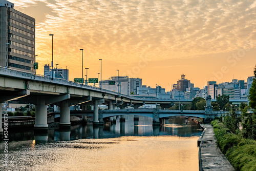 Fotografie 阪神高速と大川と朝焼け