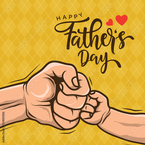 Happy Fathers day typography with Father and son fist bump in line art style on yellow background. Close-up cartoon hands gesture of a child and adult. Fatherhood lifestyle. Illustration vector design
