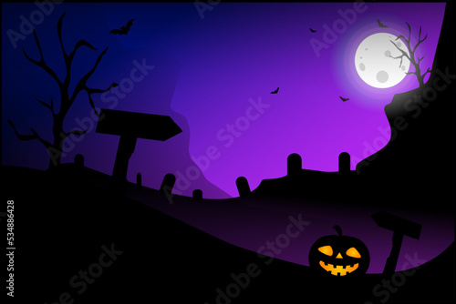 Vector illustration night graveyard with scary pumpkin.